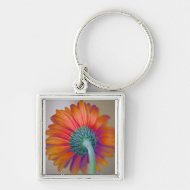 Funky Gerbera Fyrkantig Silverfärgad Nyckelring (Framsidan)