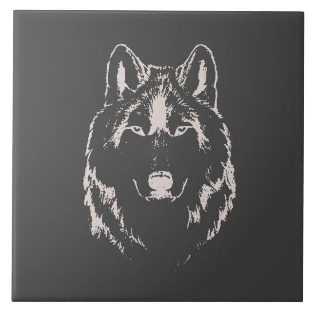 Funky Grått och huvudskiss av vit Varg Ansikte Kakelplatta (Framsidan)