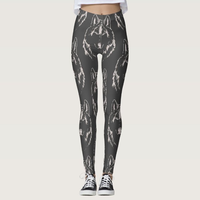 Funky Grått och huvudskiss av vit Varg Ansikte Leggings (Framsida)