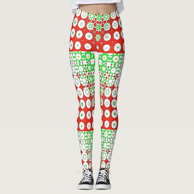 Funky Grönt, Red, Mönster, Flowers Leggings (Framsida)
