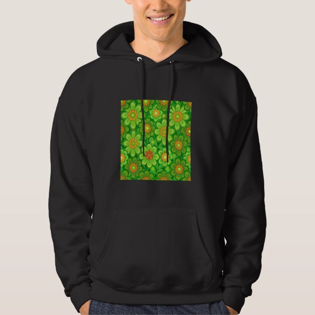 FUNKY GROOVY 1970'S STYLE CARTOON FLOWERS GREEN AN HOODIE (Framsida)