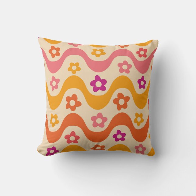 Funky groovy blommönster på retro vågor   kudde (Framsida)