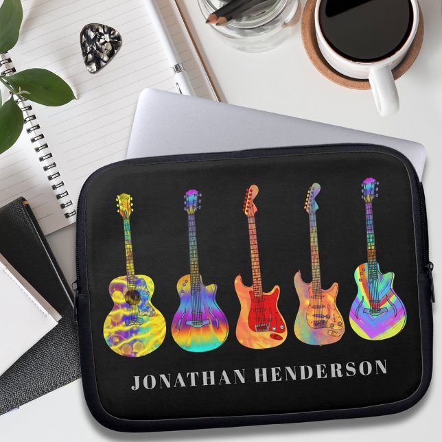 Funky Guitar Mönster på Black add Namn Laptop Fodral (Funky guitar pattern on black with personalized name music teacher guitarist musician performer )