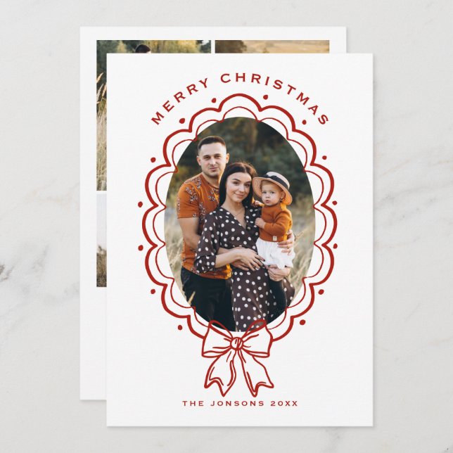 Funky Hand Drawn Christmas Red Bow 5 Photo Julkort (Fram/baksida)