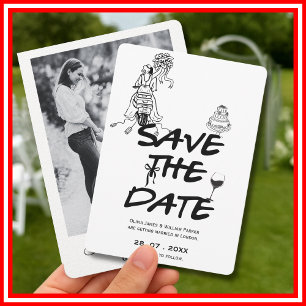 Funky Handritad Whimsical Svart & Vitt Foto Spara Datumet