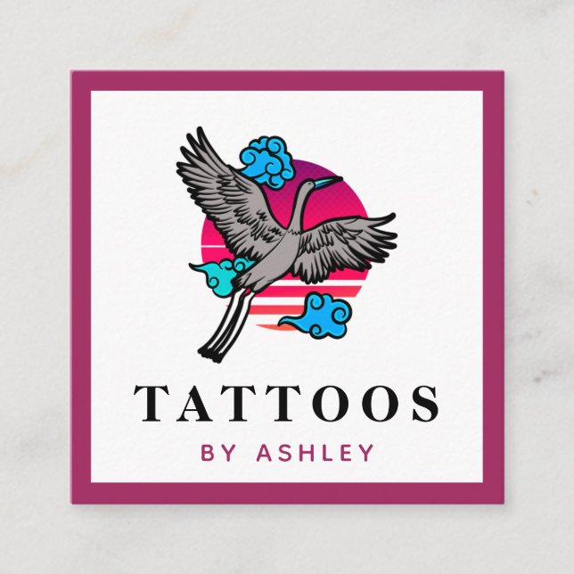 Funky japansk Crane Illustration Tattoartist Fyrkantigt Visitkort (Framsida)