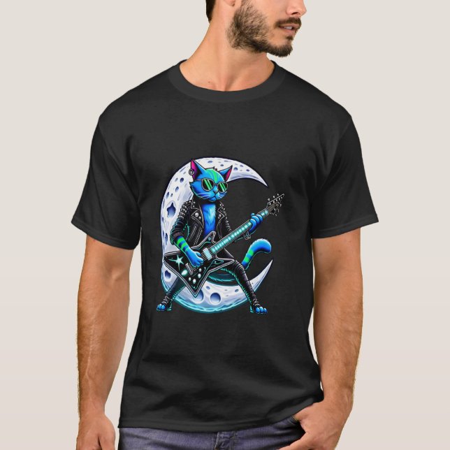 Funky katt spelar gitarr måne, rock och roll band, t shirt (Framsida)