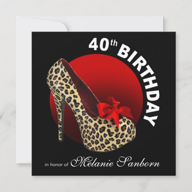 Funky Leopard Stiletto 40th Birthday black red Inbjudningar (Framsida)