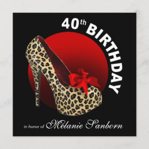 Funky Leopard Stiletto 40th Birthday black red Inbjudningar