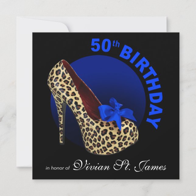 Funky Leopard Stiletto 50:e födelsedagssvart Inbjudningar (Framsida)
