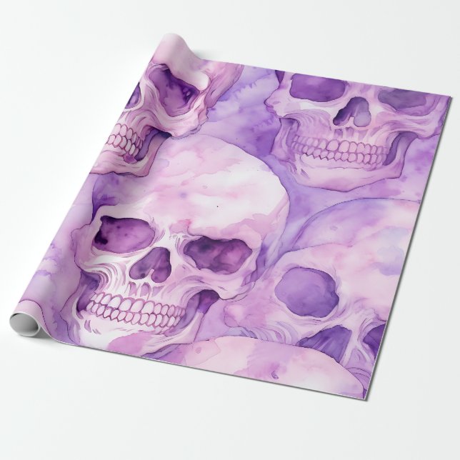 Funky Lila Sculls Halloween Presentpapper (Utrullad)