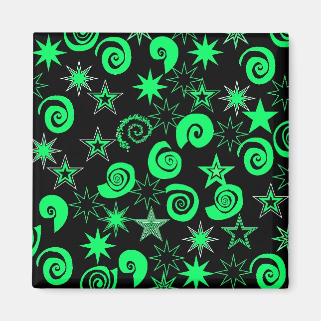 Funky Lime Green Black Stars Swirls Roligt Mönster Magnet (Framsidan)