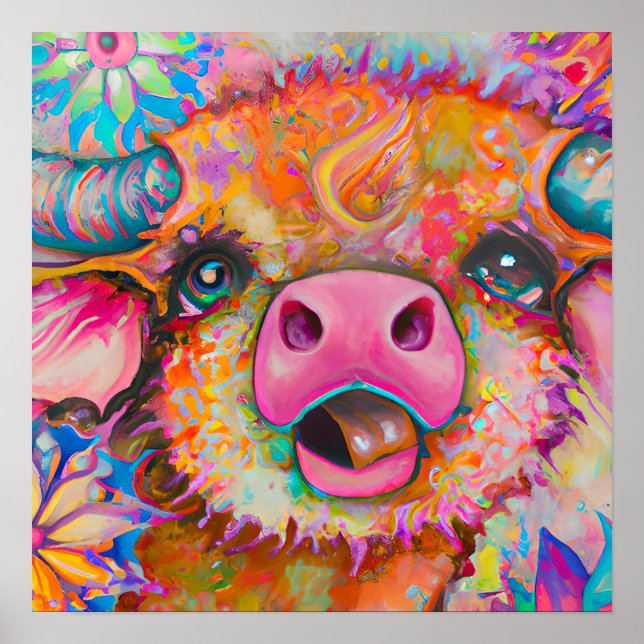 Funky Lycklig Buffalo Farm Animal Nursery Art Poster (Framsidan)