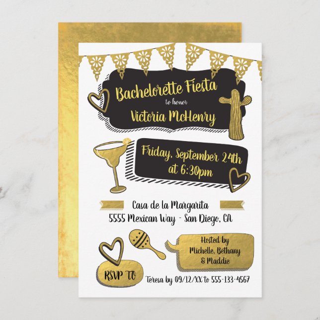 Funky Mexikanska Fiesta Gold Foil Bachelorette Par Inbjudningar (Fram/baksida)