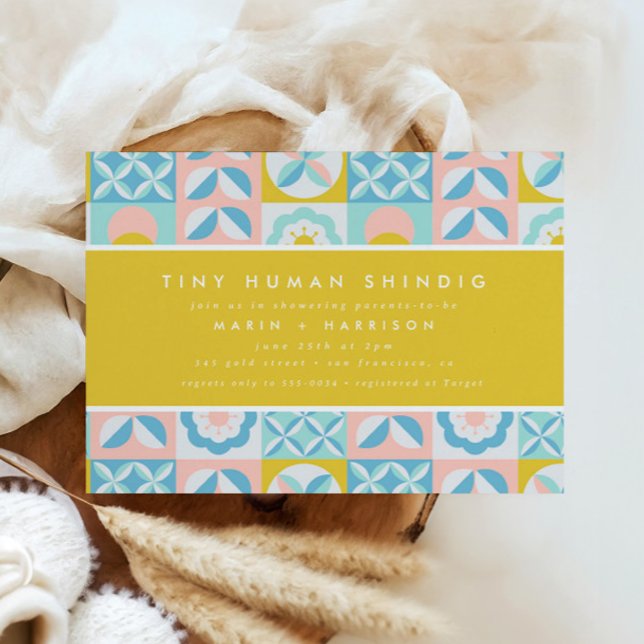 Funky Modern Gult Tiny Human Shindig Baby Shower Inbjudningar (Skapare uppladdad)