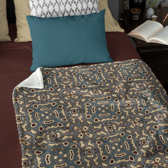 Funky Mörk Teal Blue Taupe Brown Bohemian Bali Art Fleecefilt (Skapare uppladdad)