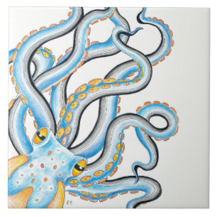 Funky Octopus Bläck Blue Orange Kakelplatta