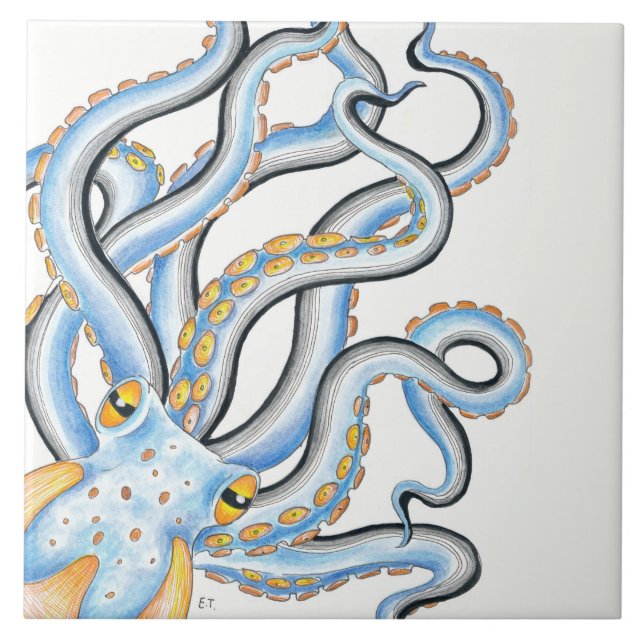 Funky Octopus Bläck Blue Orange Kakelplatta (Framsidan)