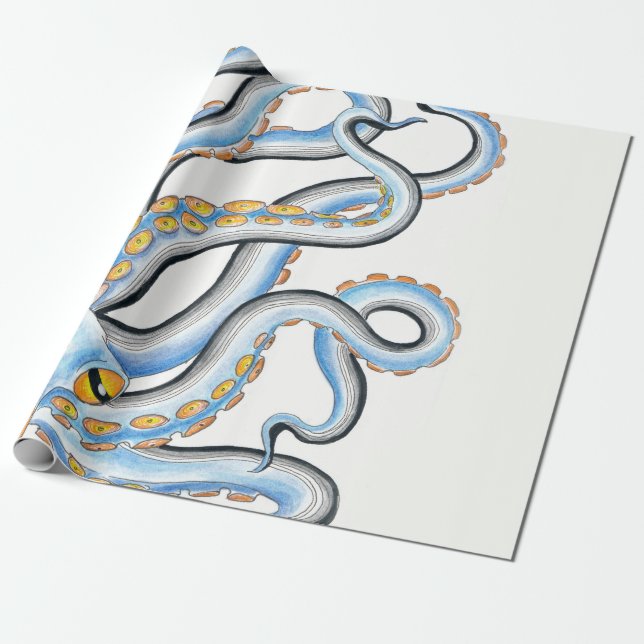Funky Octopus Bläck Blue Orange Presentpapper (Utrullad)