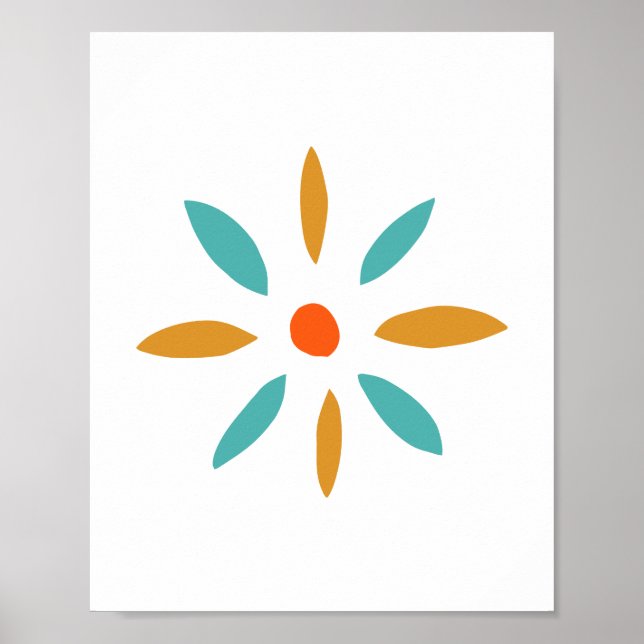 Funky Orange Blå Blomma Mid-century Poster (Framsidan)