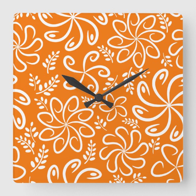 Funky orange blommor och löv fyrkantig klocka (Framsida)