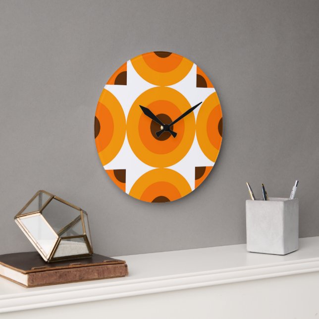 Funky Orange Brown Circles Art Mönster Stor Klocka (Kontor)