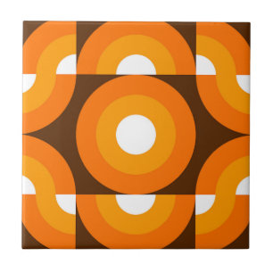 Funky Orange Brown Retro Circles Art Mönster Kakelplatta
