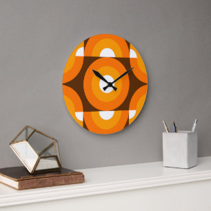 Funky Orange Brown Retro Circles Art Mönster Stor Klocka