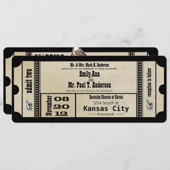 Funky Playbill Bröllop Silver Metallic Inbjudan (Fram/baksida)