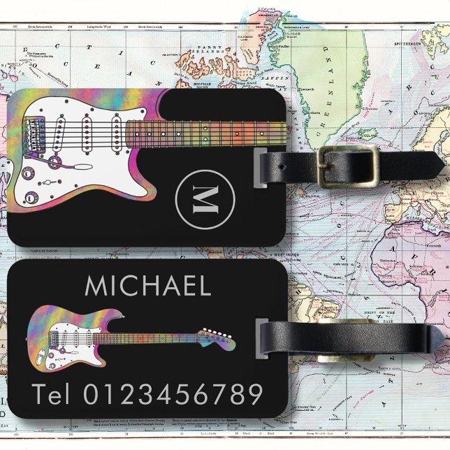 Funky Psychedelic Electric Guitar Personlig Bagagebricka (Colorful electric guitar custom monogram travel tag)