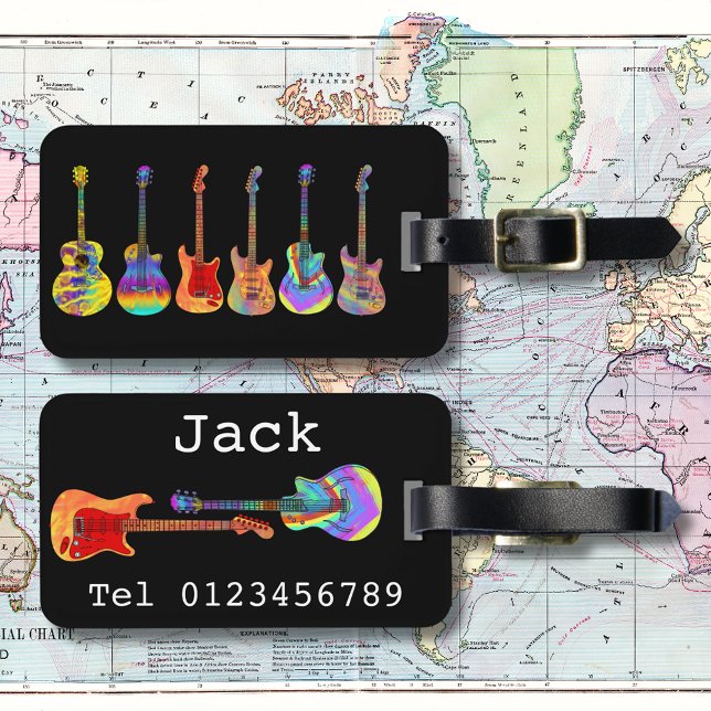 Funky Psychedelic Guitar Pop Art Music Instrument Bagagebricka (Funky guitar pattern on black personalized travel luggage tag   guitarists music teachers musicians)