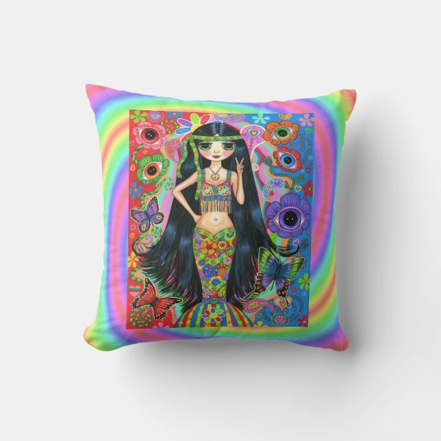 Funky Psychedelic Hippie Sjöjungfru Girl Fredsteck Kudde (Framsida)