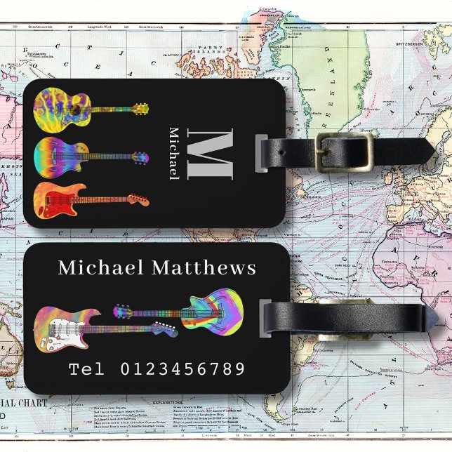 Funky Psykedelisk Gitarr Pop Art Musik Instrument Bagagebricka (Funky guitar pattern on black personalized monogram music themed luggage tag)
