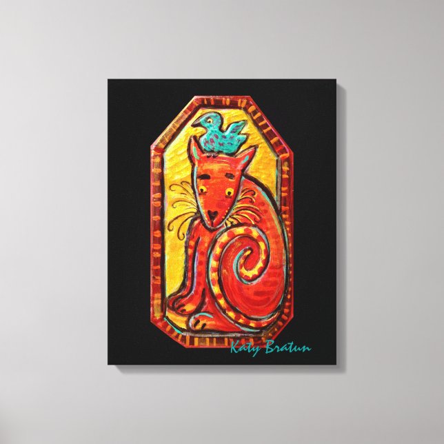 Funky Red Nyfiken Cat Original Painting Canvastryck (Framsida)