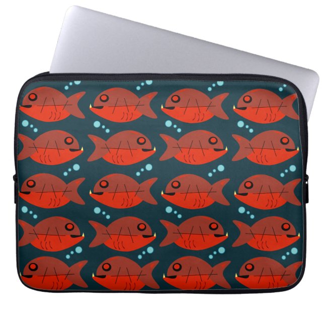 Funky Red Retro Piranha Fish Art Mönster Laptop Fodral (Framsidan)