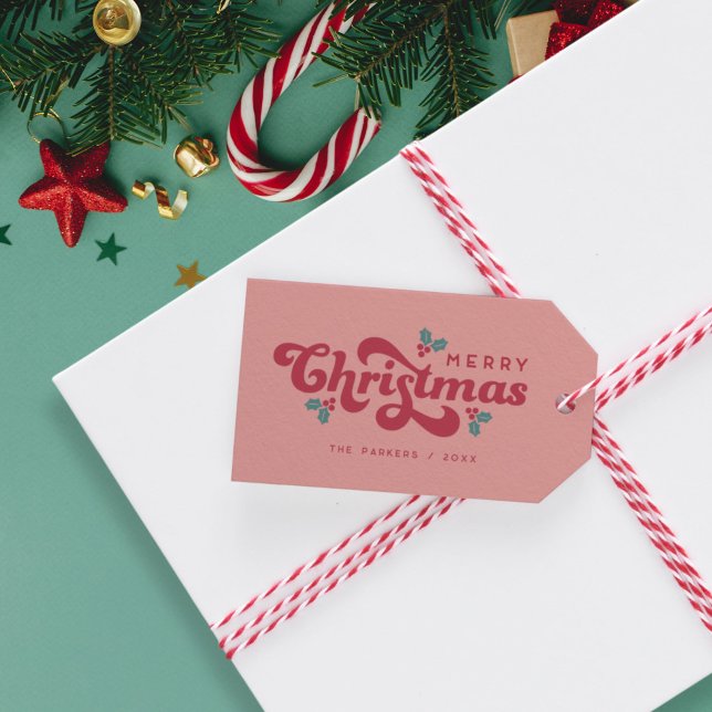 Funky Retro 70-talet Holly Jolly-jul Presentetikett (retro 70s funky Merry Christmas gift tag)