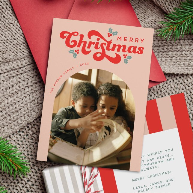 Funky Retro 70s God jul Photo Julkort (retro 70s photo Christmas card with arch photo placeholder)