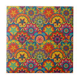 Funky Retro Colorful Mandala Mönster Kakelplatta