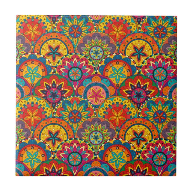 Funky Retro Colorful Mandala Mönster Kakelplatta (Framsidan)
