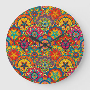 Funky Retro Colorful Mandala Pattern Stor Klocka