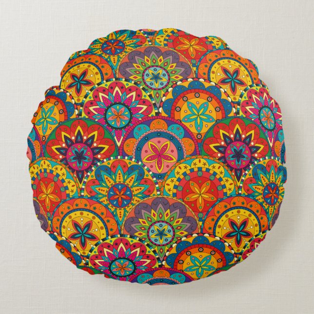 Funky Retro Färgglatt Mandala Mönster Rund Kudde (Framsidan)