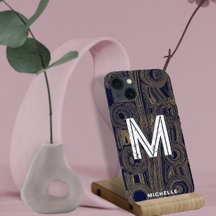 Funky Retro Groovy Navy Blue Guld Glitter Monogram