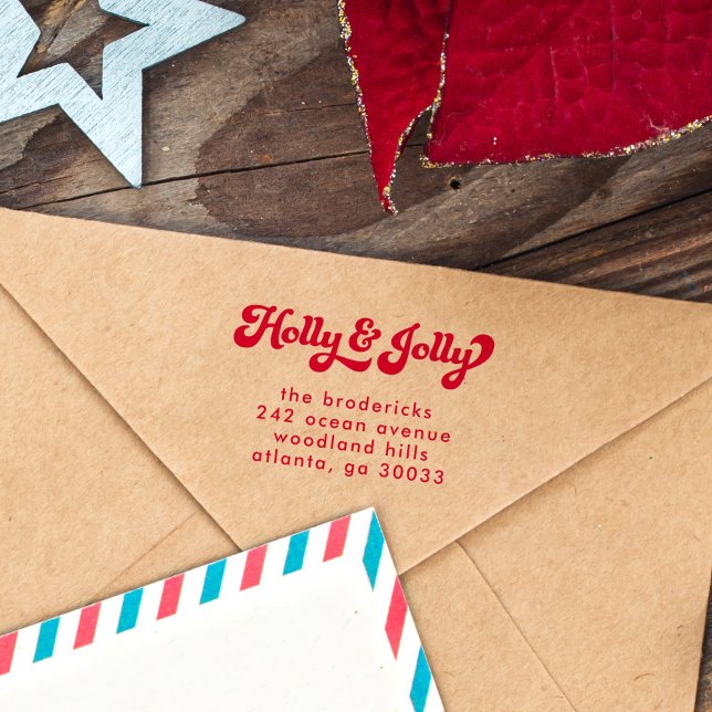 Funky Retro Holly Jolly-Returadressen jul Självfärgande Stämpel (holly jolly retro Christmas return address stamp)