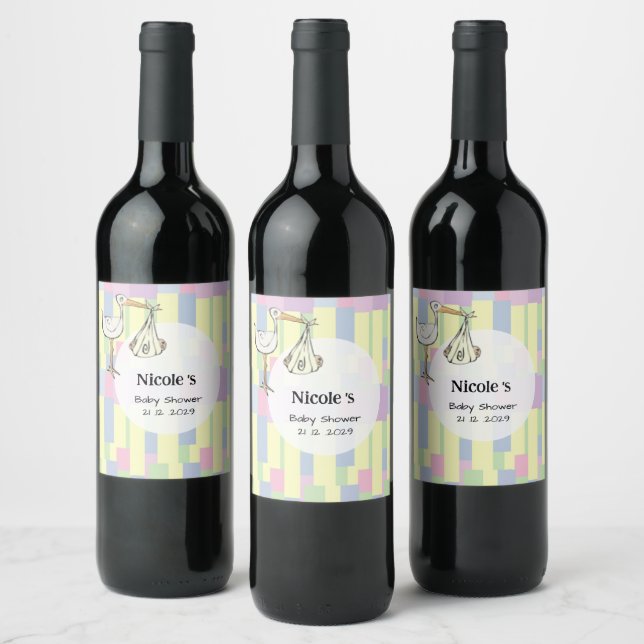 Funky Retro Kubism Stork Leverans Bebis Shower Vinflaska Etikett (Flaskor)