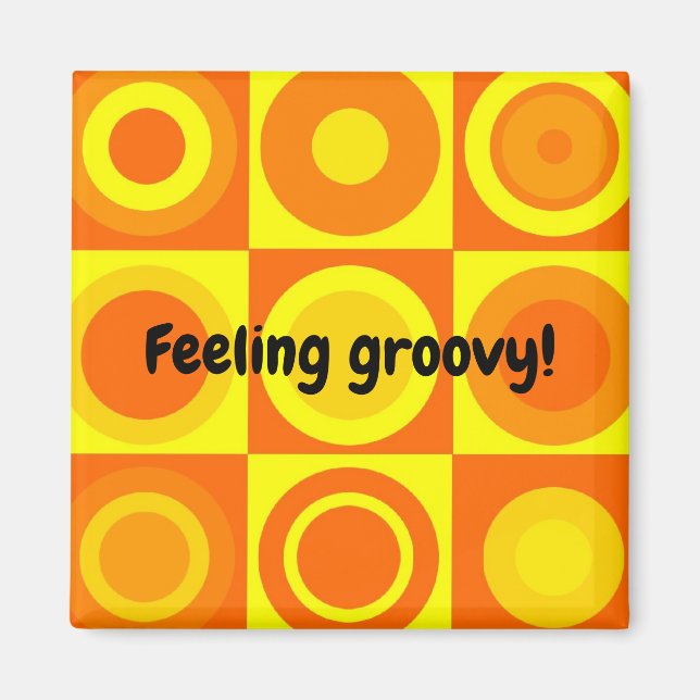 Funky Retro Orange Gult Circles-fyrkanter Magnet (Framsidan)