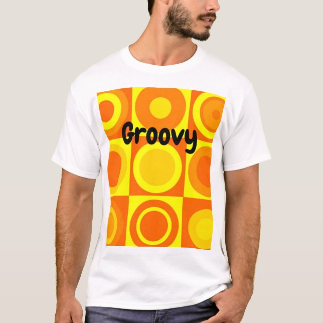 Funky Retro Orange Gult Circles-fyrkanter T Shirt (Framsida)