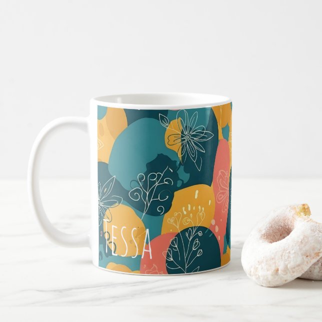 Funky Retro Turkos och Gul Whimsisk Konst Kaffemugg (Med munk)