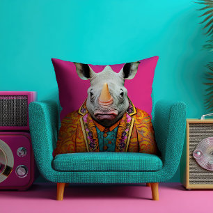 Funky Rhino Porträtt Shock rosa Kudde