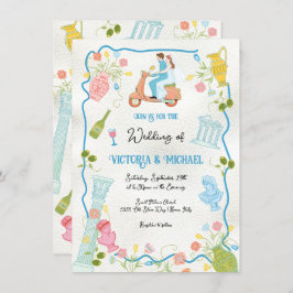 Funky Ritad italiensk Bride Groom på scooter Bröll Inbjudningar