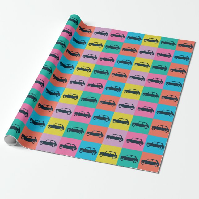 Funky Roligt Checkerboard Mini Cooper Presentpapper (Utrullad)